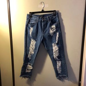 Distressed blue denim cropped boyfriend jeans